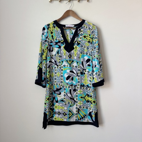 Alice & Trixie Silk Shift Dress XS Geometric Print Black Grey Blue - Picture 1 of 8